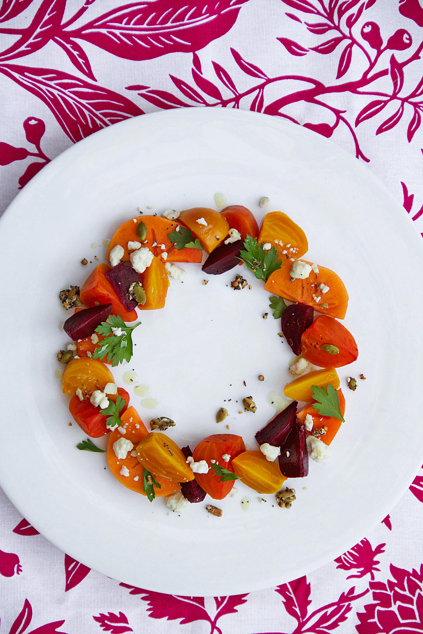 Beet and Persimmon Salad with Blue Cheese and Crunchy Seeds