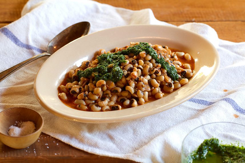 Good Luck Beans: Black-Eyed Peas in Guajillo Sauce with Cilantro Pesto