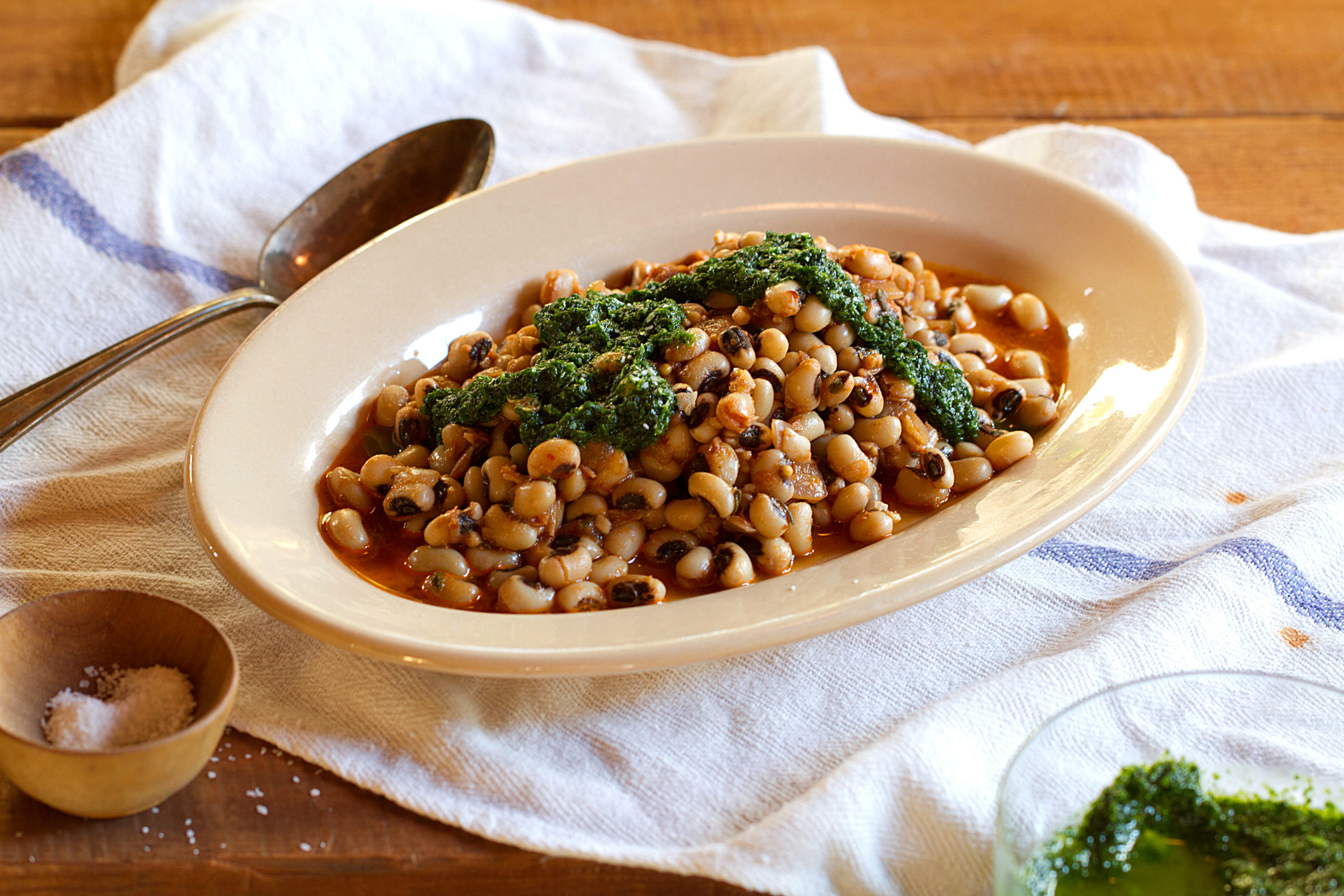 Black-Eyed Peas in Guajillo Sauce with Cilantro Pesto