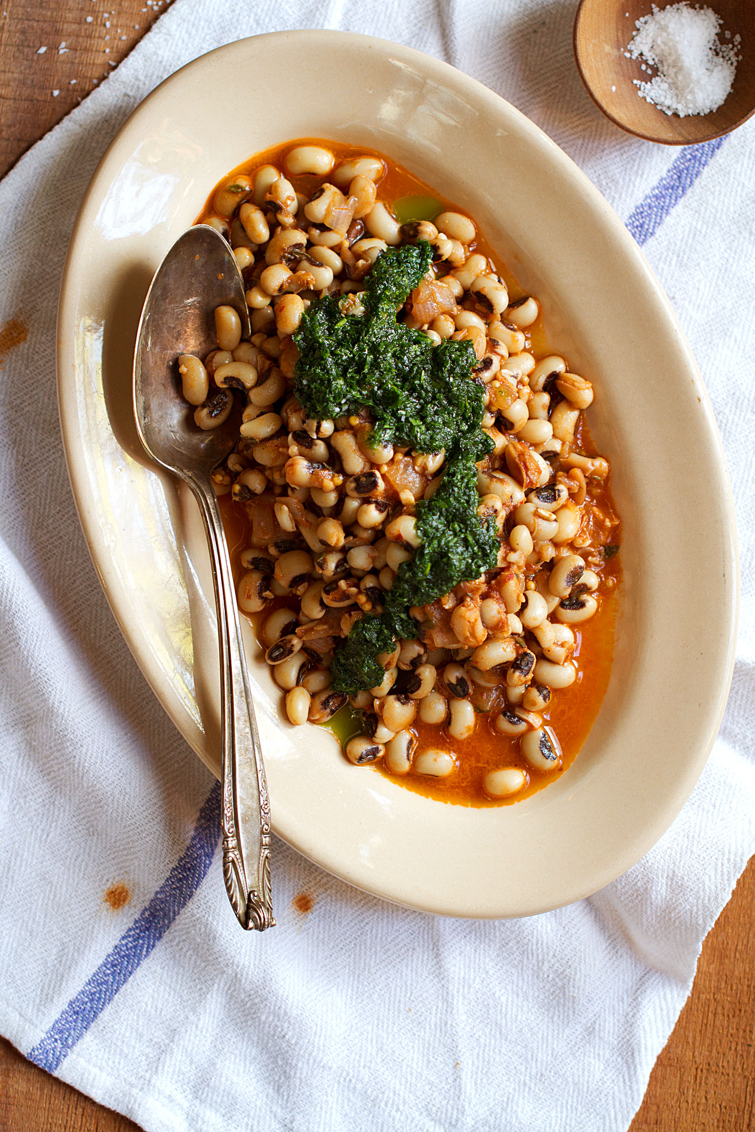 Good Luck Beans: Black-Eyed Peas in Guajillo Sauce with Cilantro Pesto