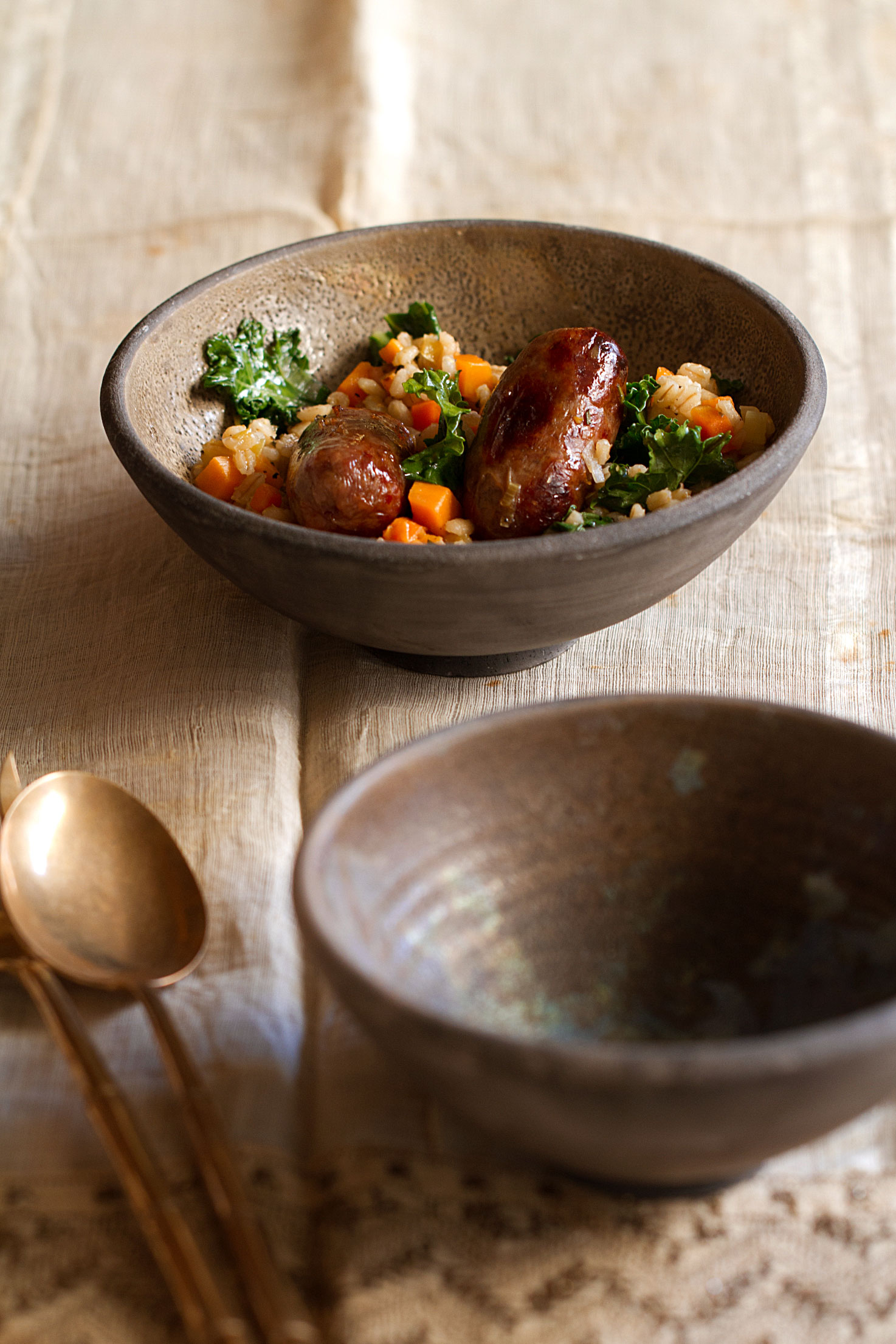 Roasted Sweet Italian Sausage with Kale and Barley Stew