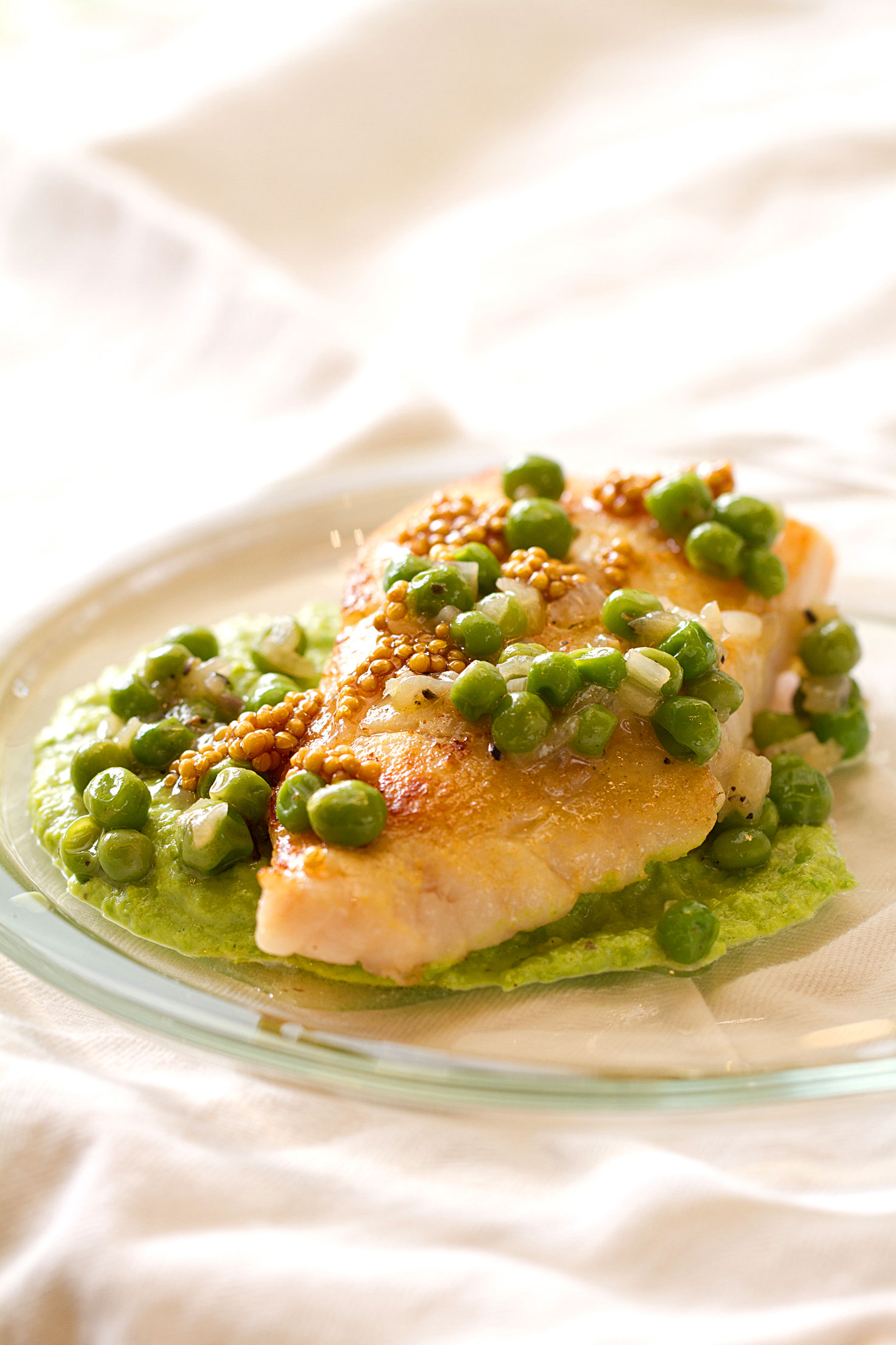 Mustard-Brushed Halibut with Pea Puree