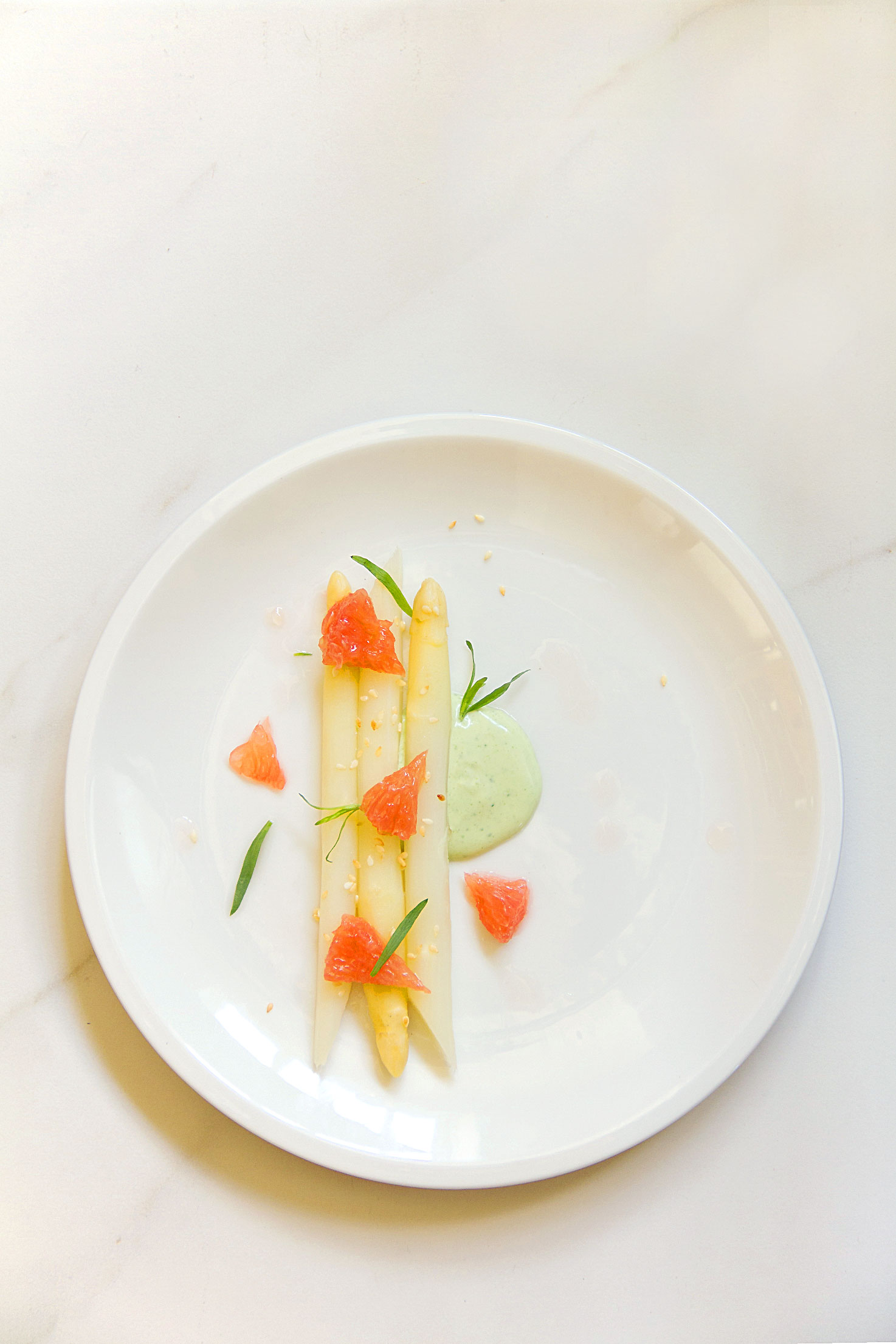 White Asparagus and Grapefruit Salad with Green Goddess Dressing