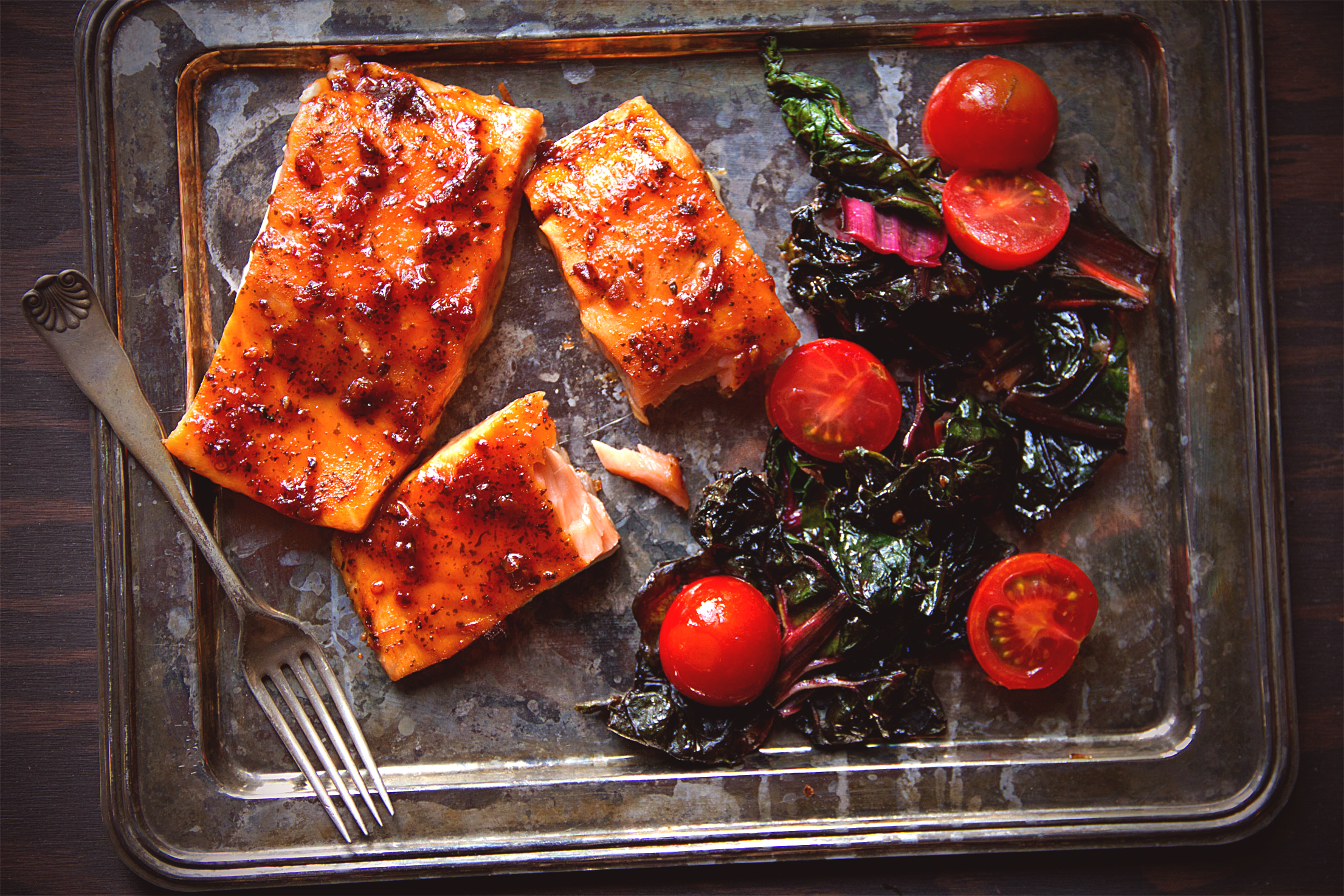 Slow-Roasted Salmon with Thai BBQ Sauce and Swiss Chard
