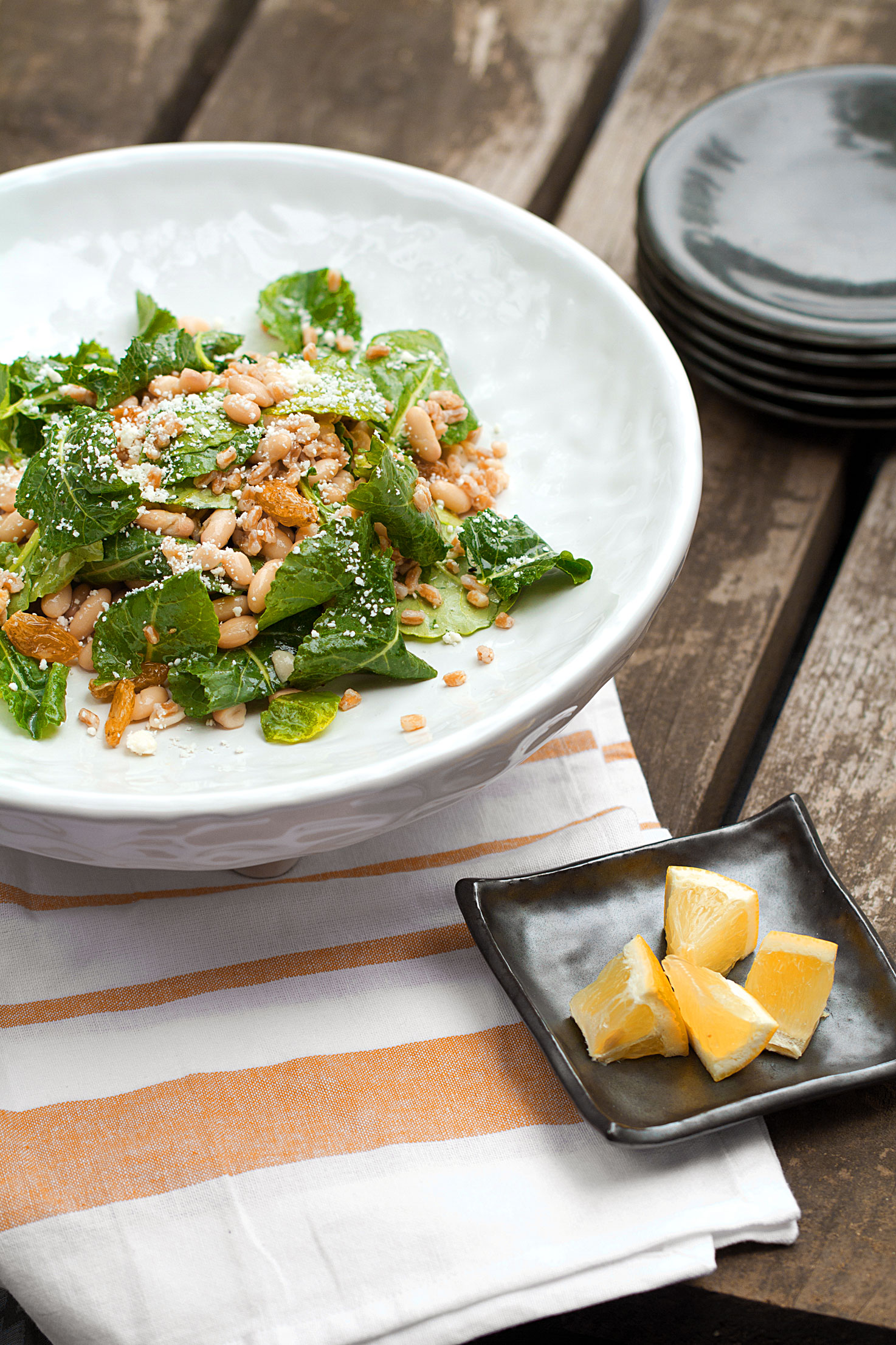 Baby Kale Salad with White Beans, Farro, and Golden Raisins
