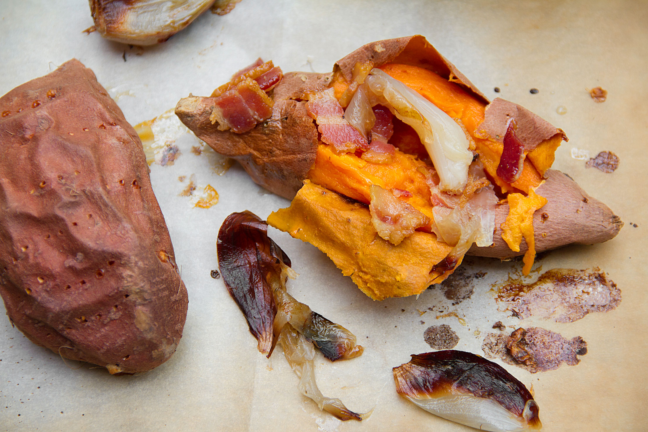 Baked Sweet Potatoes Dressed Up with Bacon and Shallots