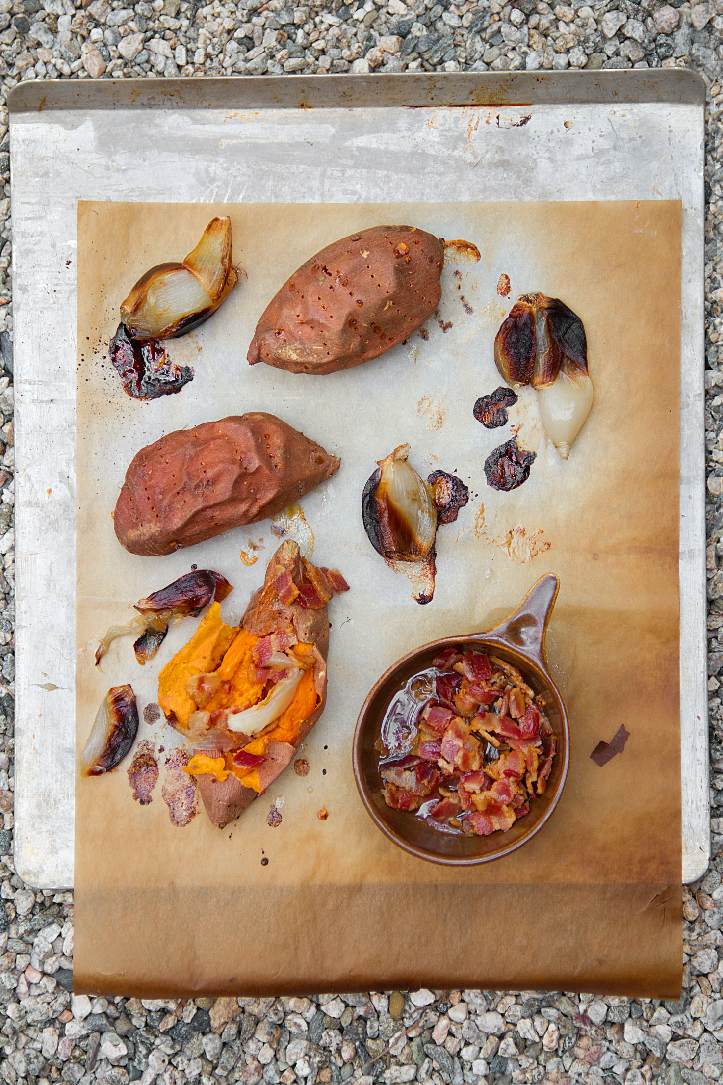 Baked Sweet Potatoes with Shallots and Bacon Vinaigrette