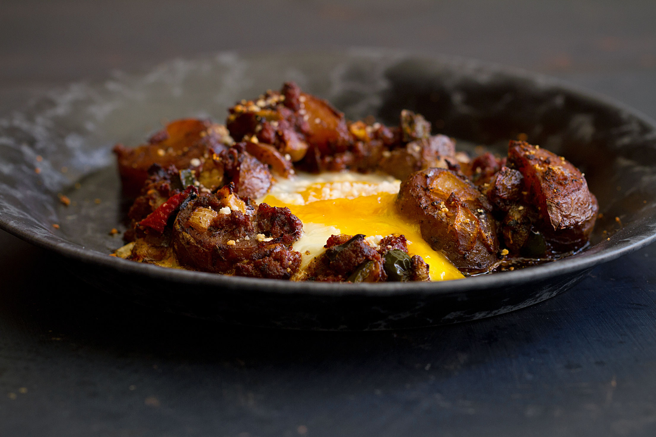 Fingerling Potato and Chorizo Hash with Baked Eggs