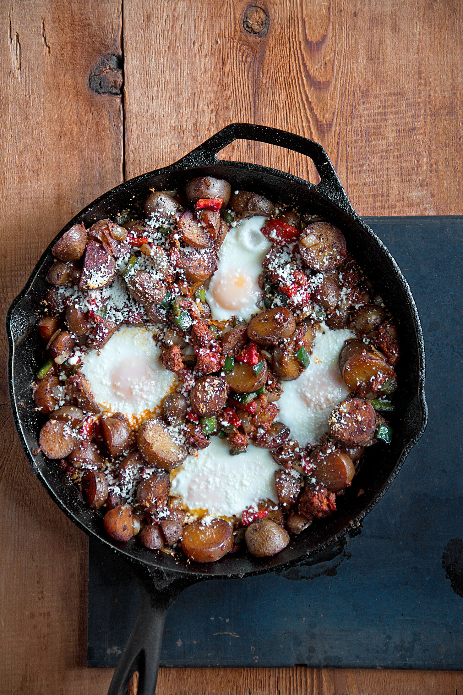 Fingerling Potato and Chorizo Hash with Baked Eggs