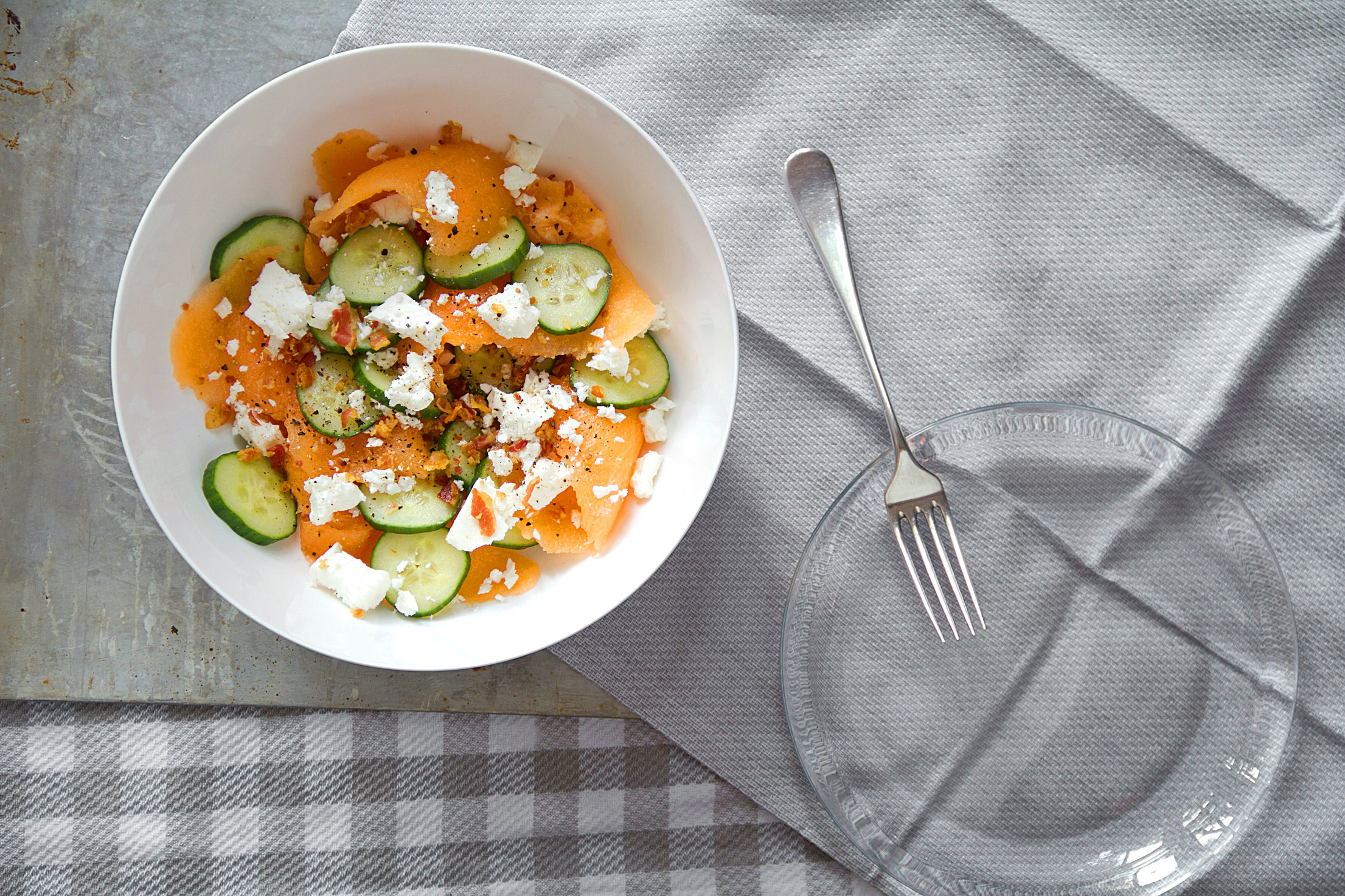 Cantaloupe Salad with Cucumber, Pancetta, and Feta