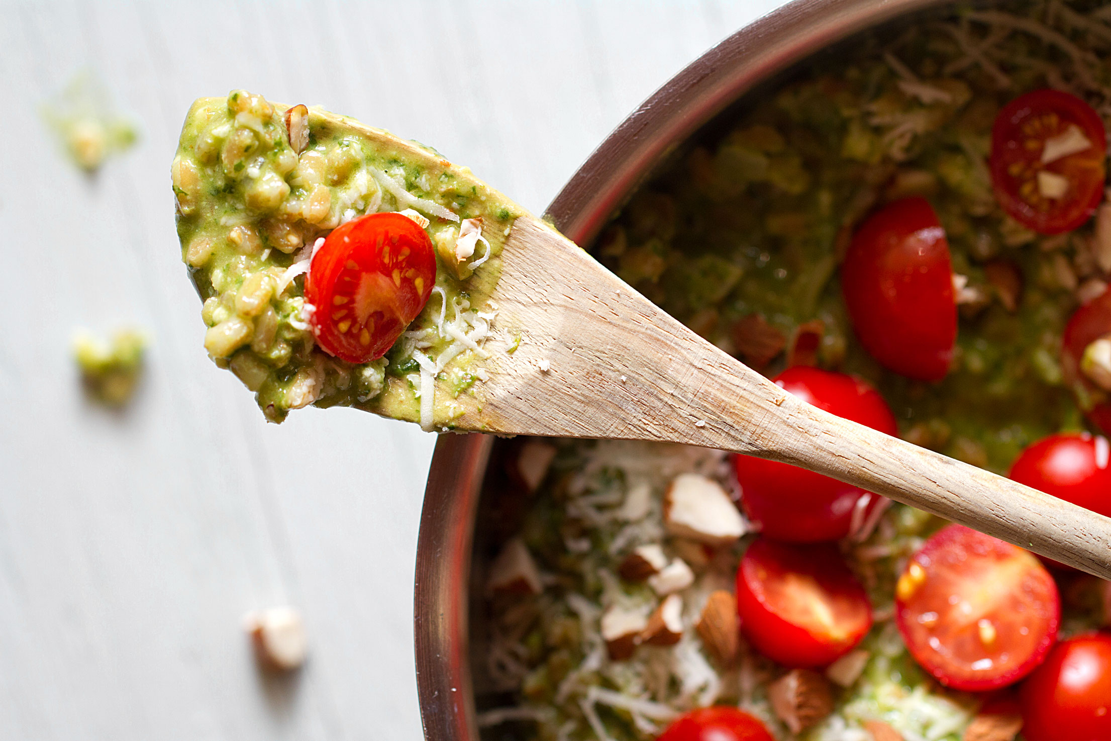 Farro Risotto with Spinach Pesto and Cherry Tomatoes