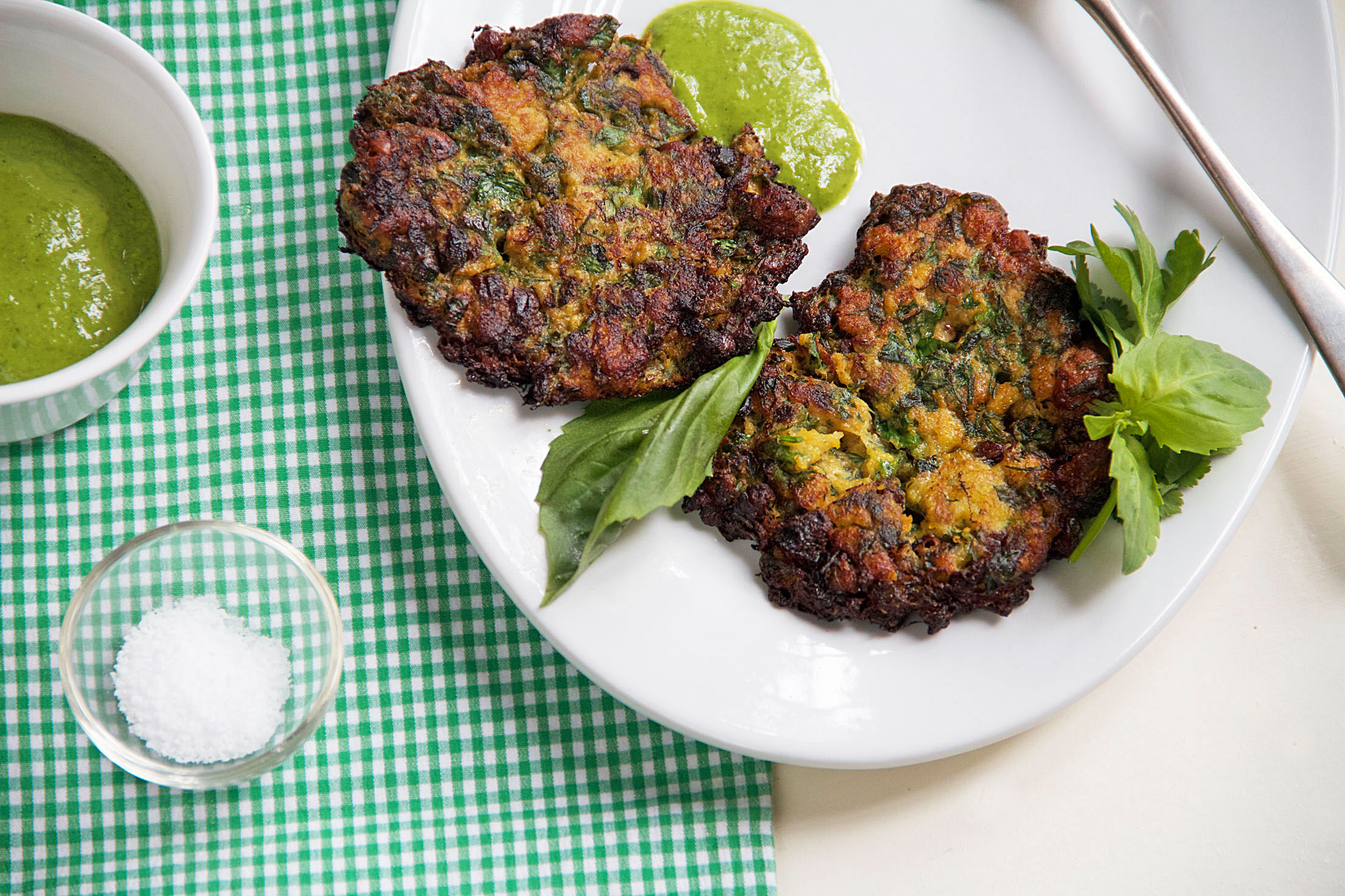 Herb Fritters with green tahini