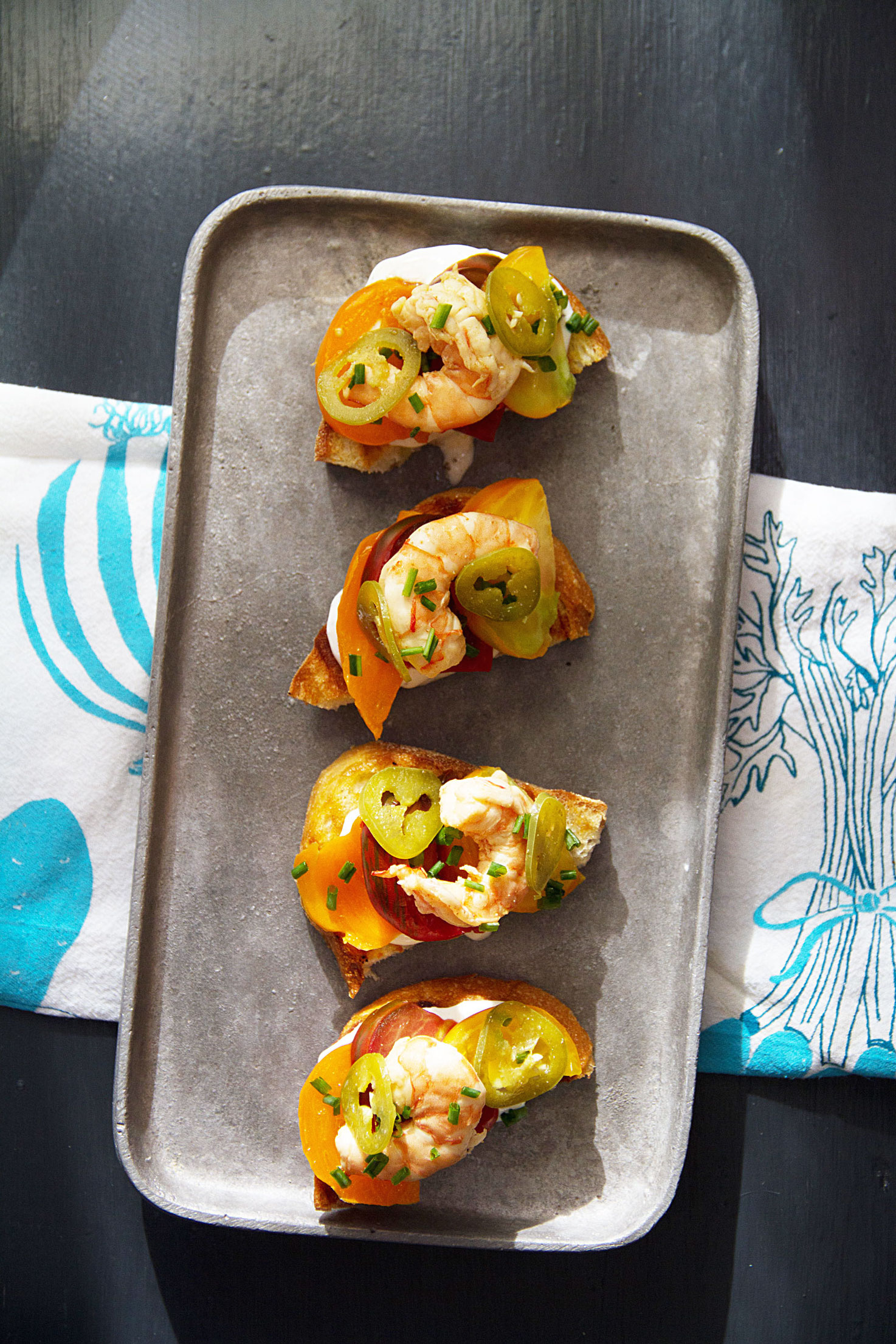 Pickled Shrimp Toasts with Tomatoes and Whipped Ricotta