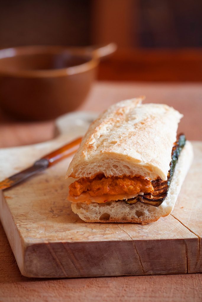 Salmon Sandwiches with Zucchini and Romesco Sauce