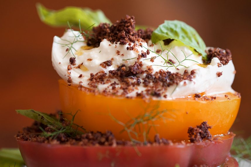 Burrata Caprese with Olive Streusel 