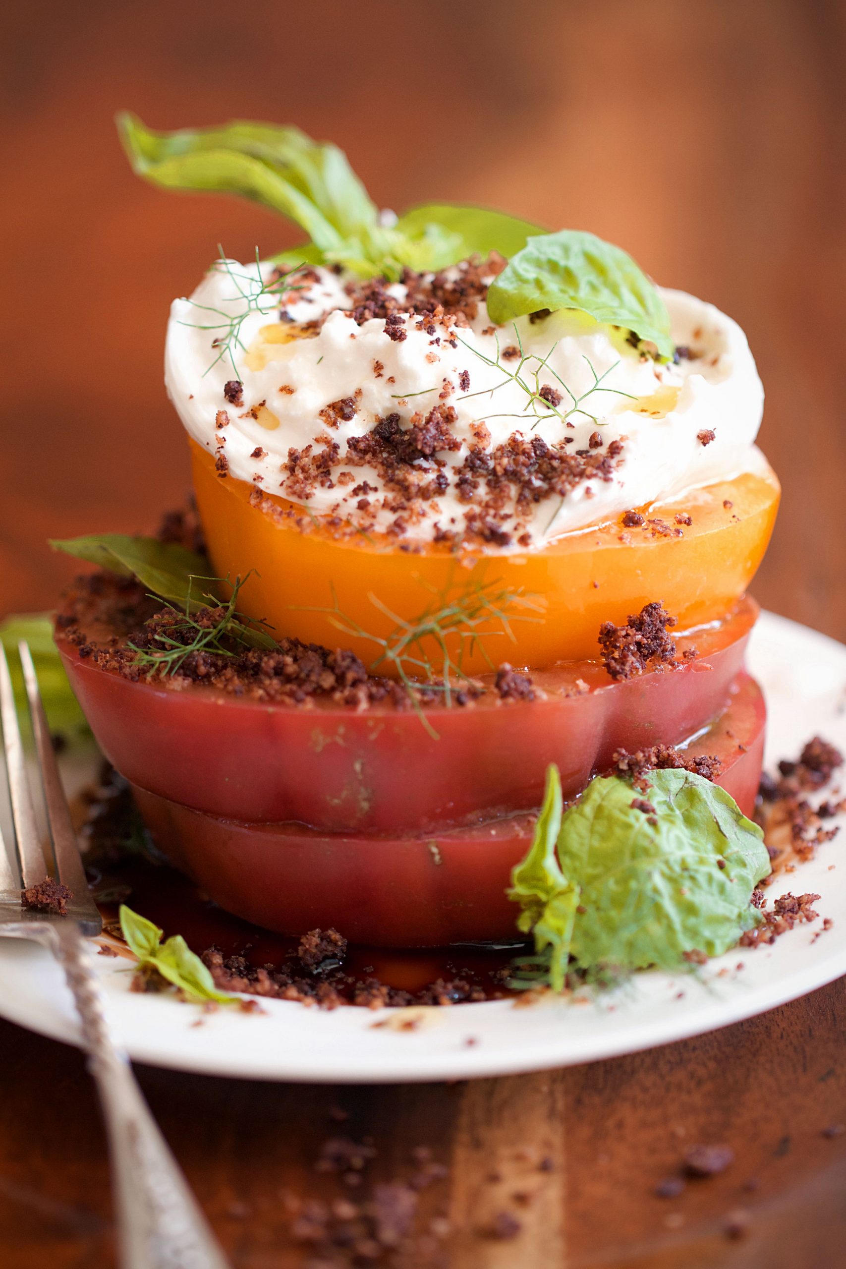 Burrata Caprese with Olive Streusel