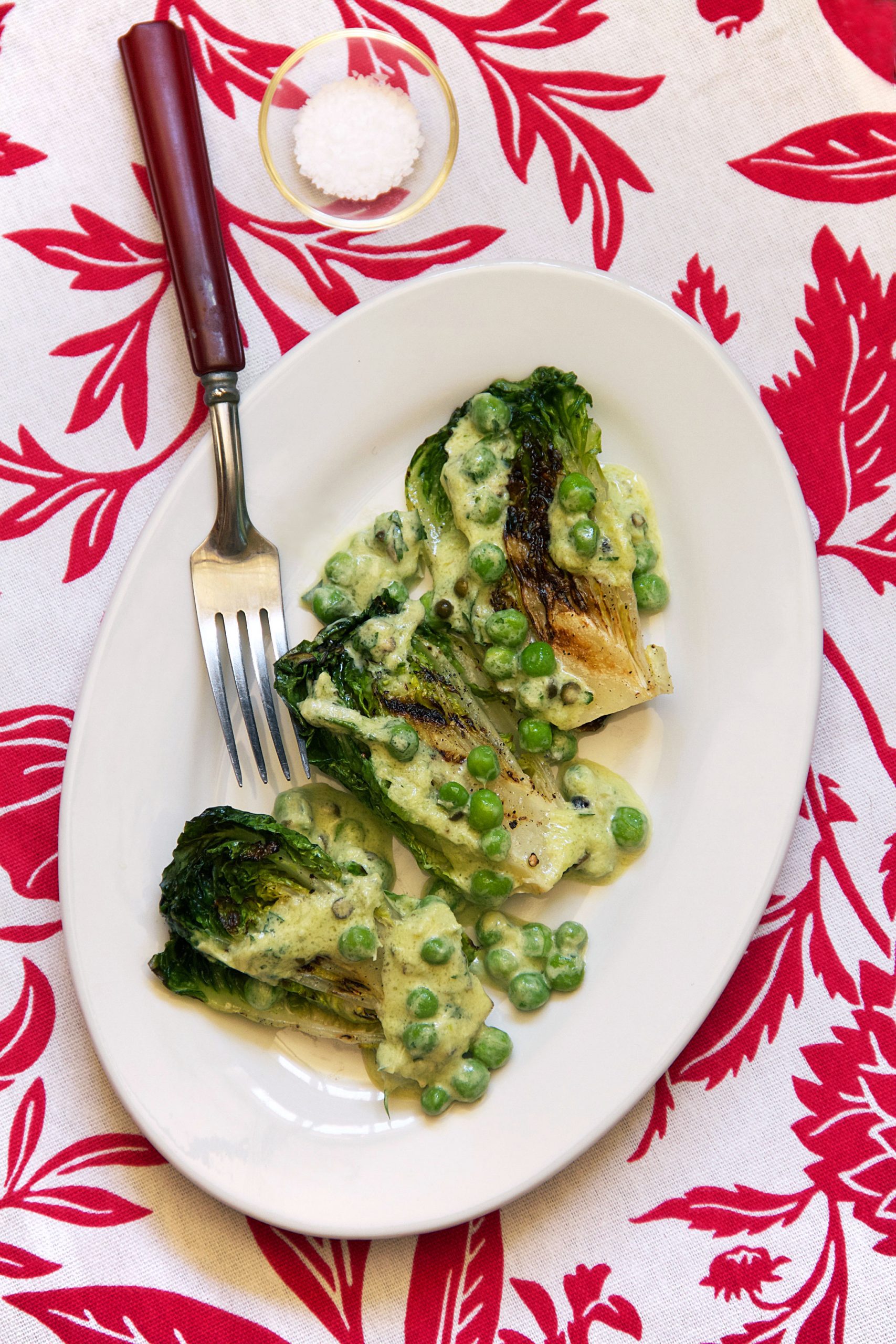 Grilled Little Gems with Peas and Scallion Cream