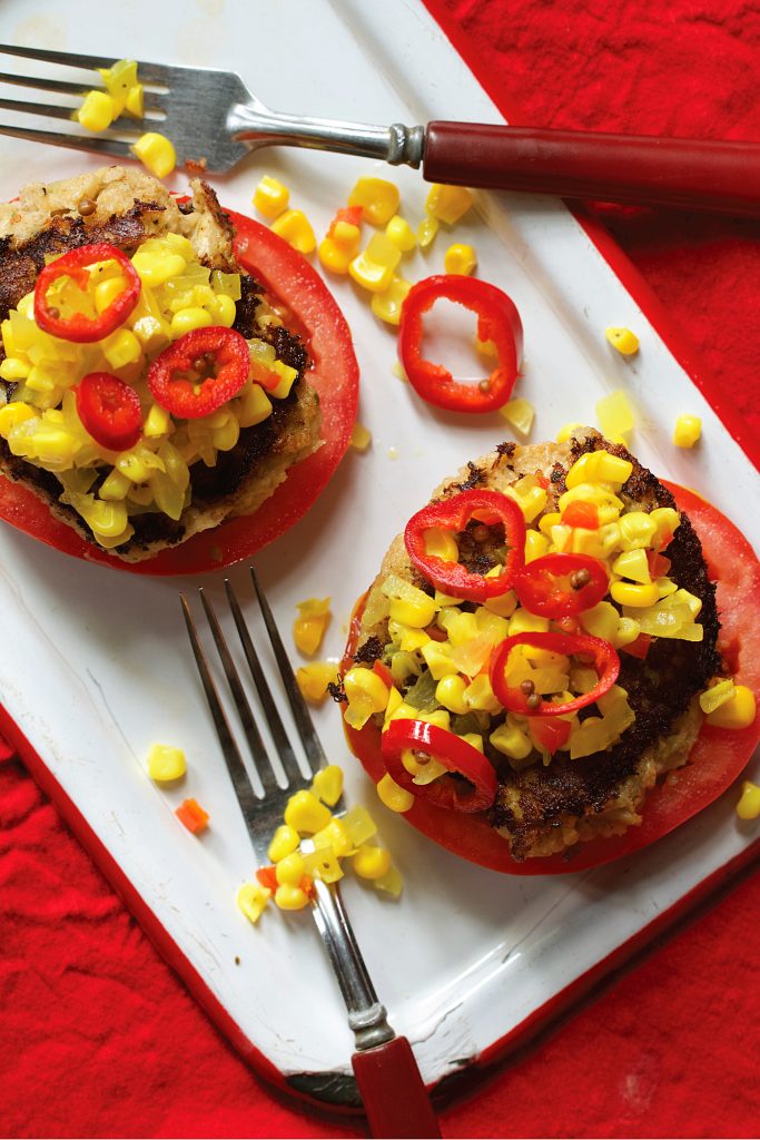 Crab cakes, corn relish, and pickled Fresno chiles.