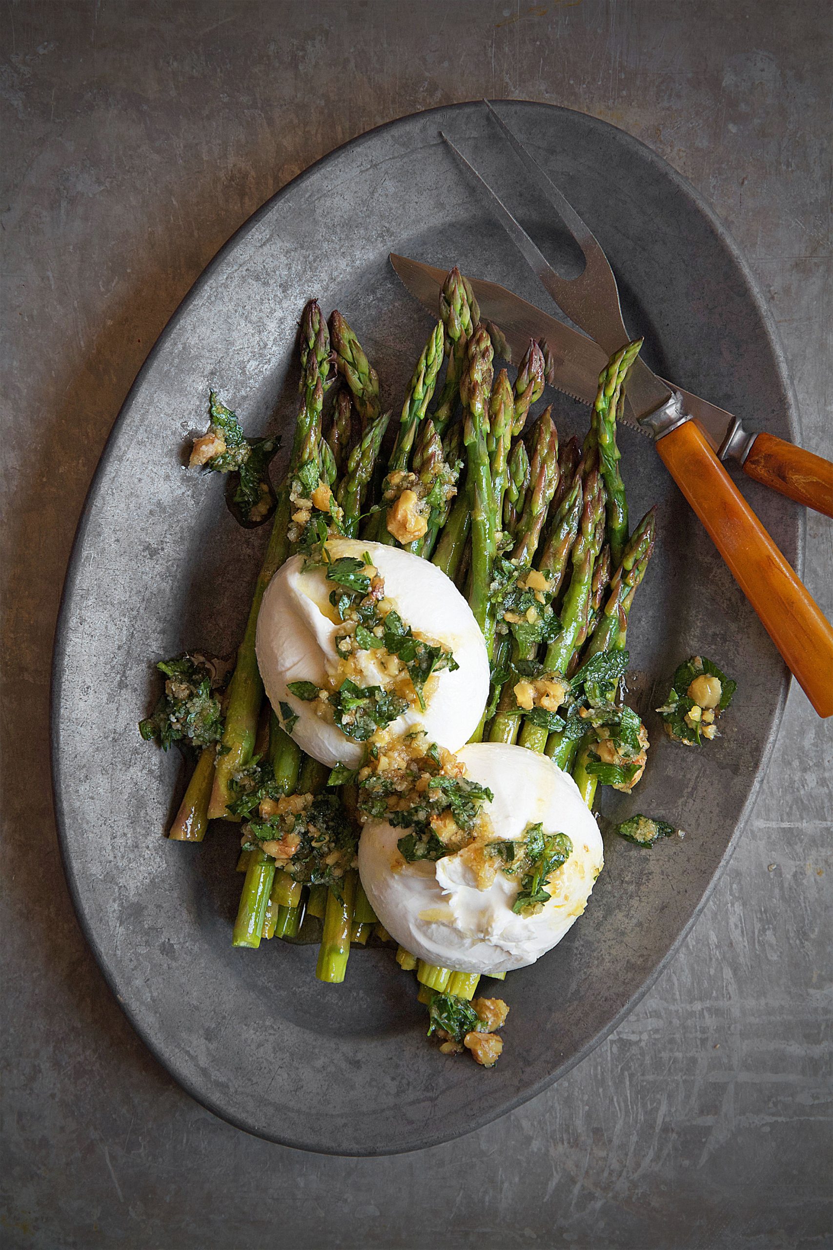 Marinated Asparagus with Burrata and Walnut Pistou