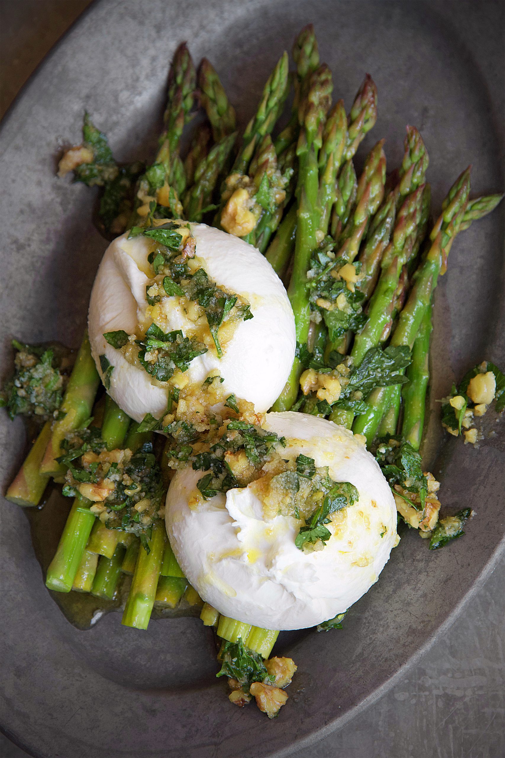 Marinated Asparagus with Burrata and Walnut Pistou