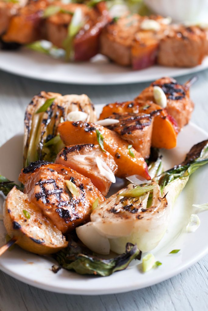 Pad Thai Salmon Skewers with Grilled Nectarines and Bok Choy