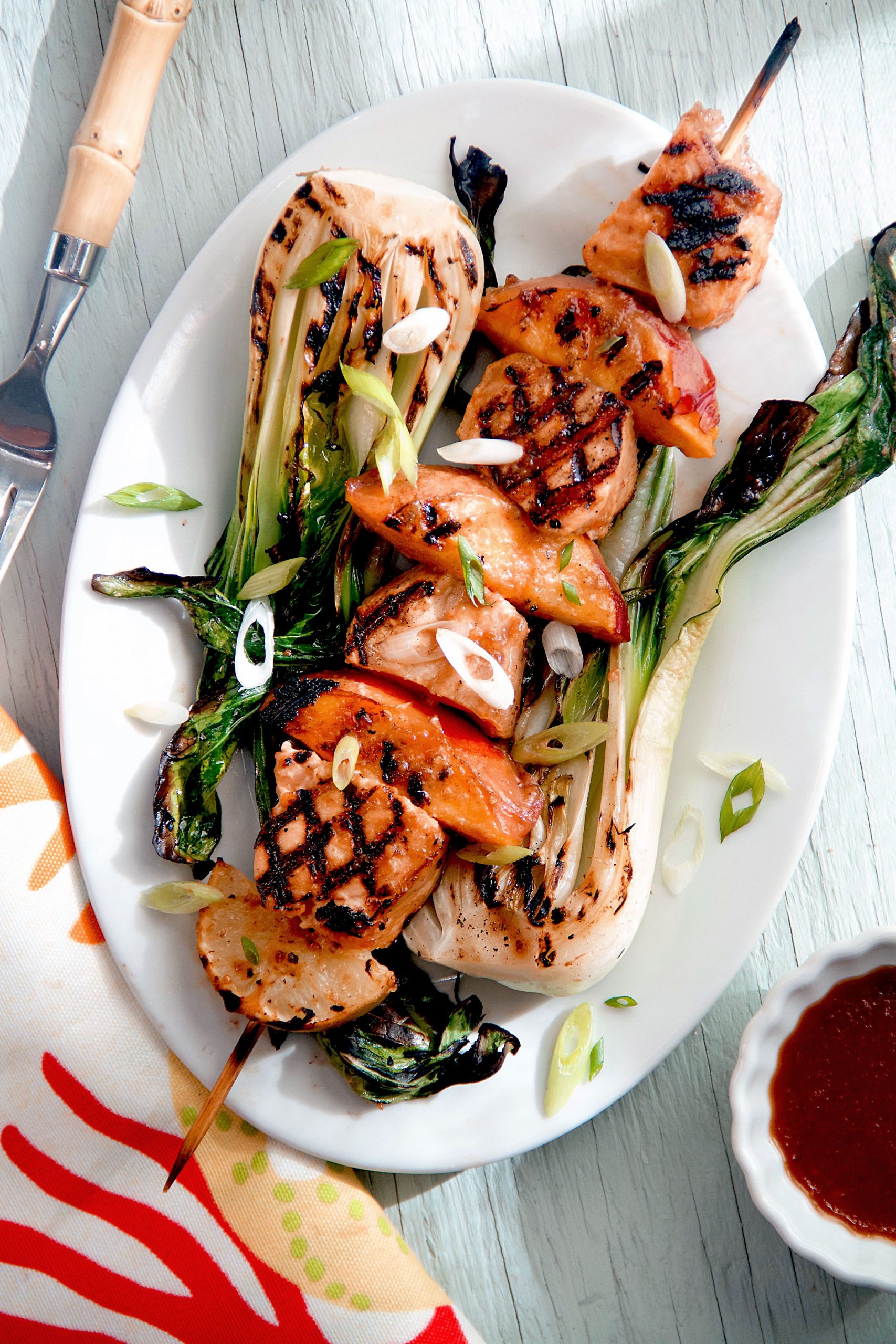 Pad Thai Salmon Skewers with Grilled Nectarines and Bok Choy