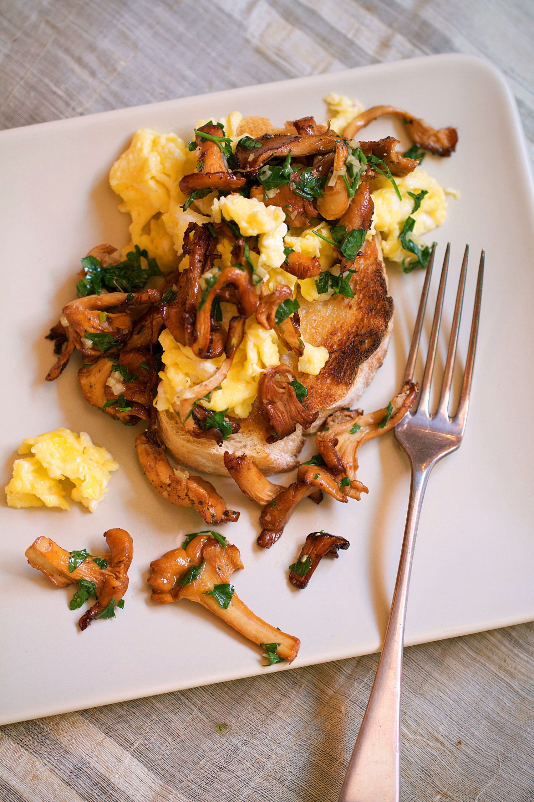 Chanterelles and Scrambled Eggs on Toast