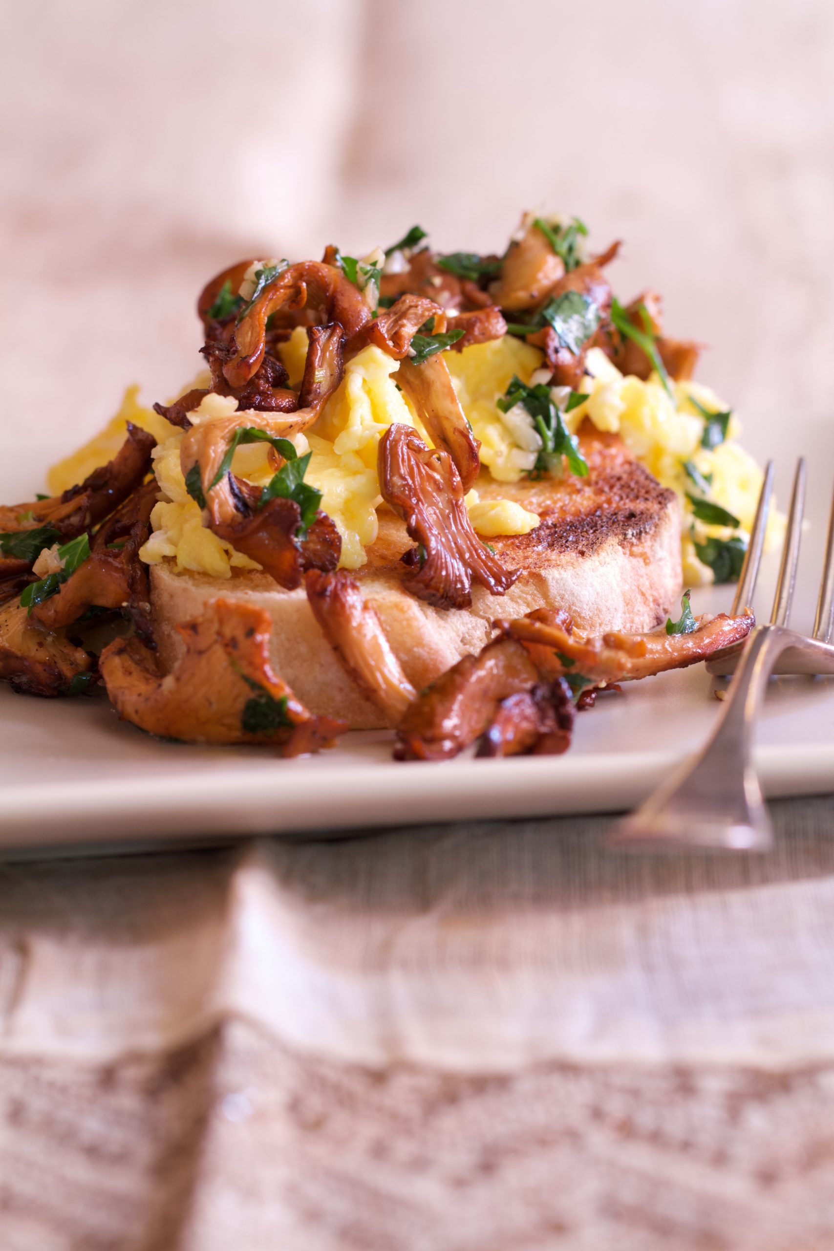 Soft Scrambled Eggs and Garlicky Chanterelles on Toast