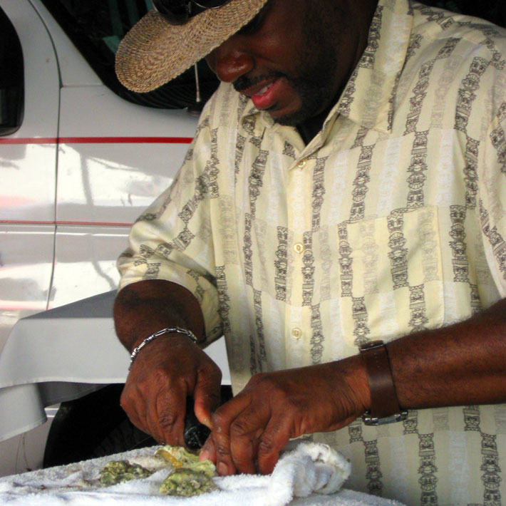 Shucking oysters