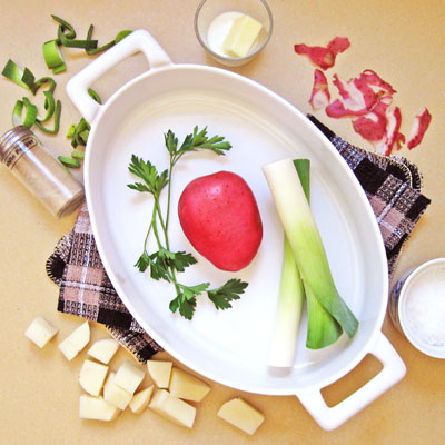 prepping leeks and potatoes for soup