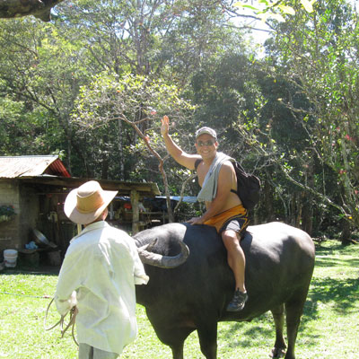 robert rides a water buffalo