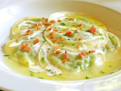 pea ravioli with rosemary cream