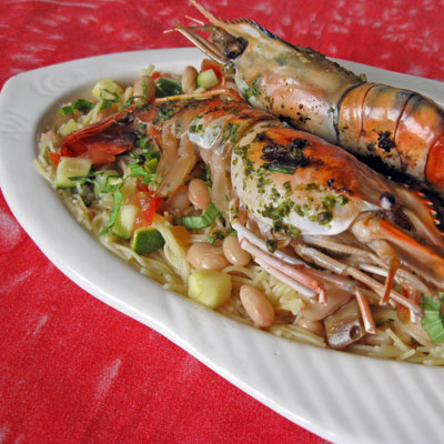 grilled prawns with pistou pasta