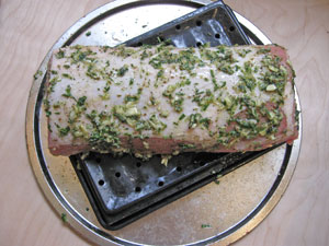 pork loin prepped for oven