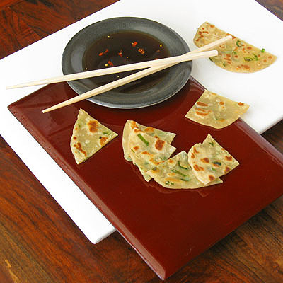 scallion pancakes and dipping sauce