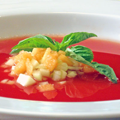 cold tomato soup with cataloupe and cucumber 